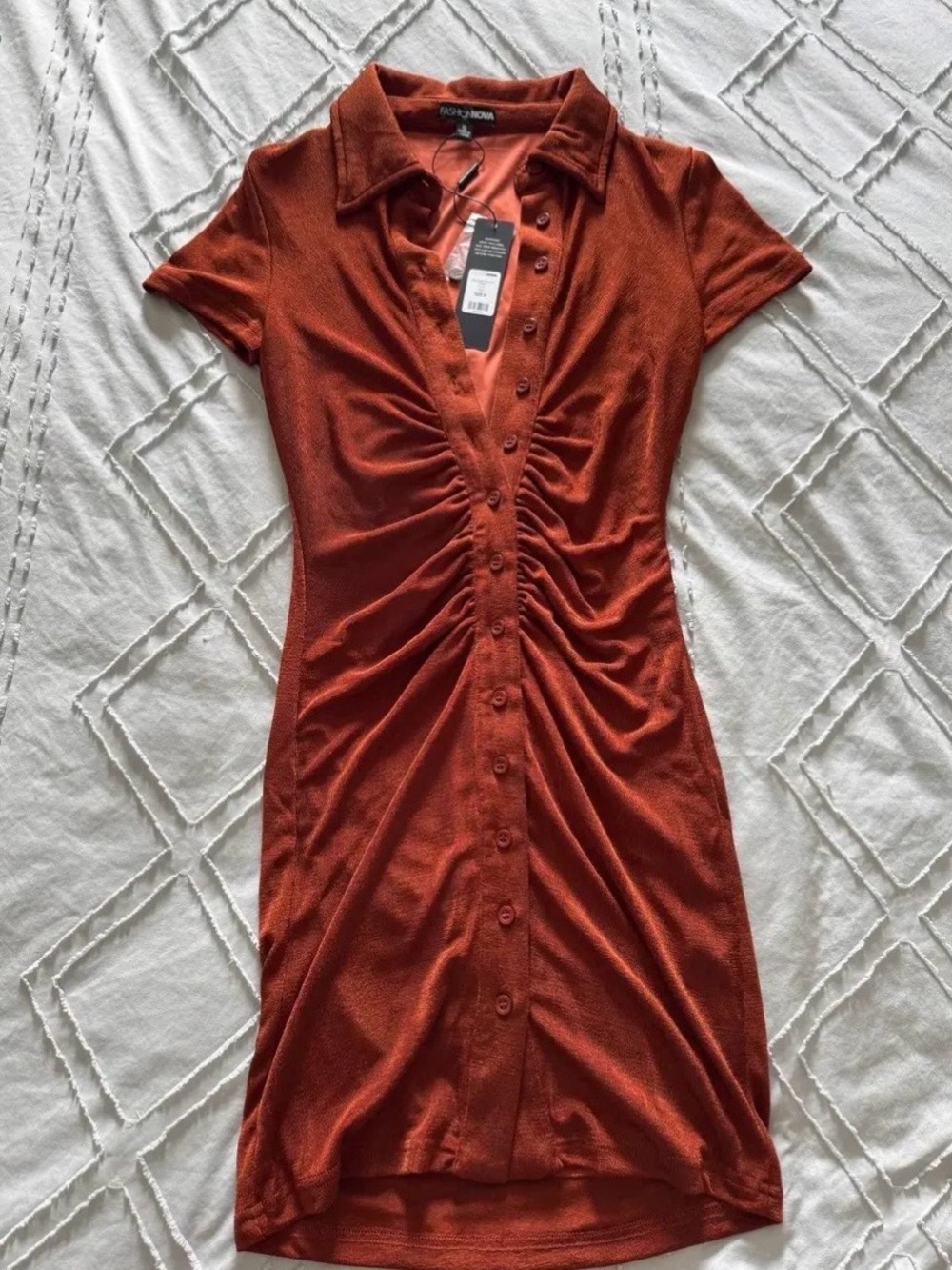 NWT FashionNova Slinky Rust Ruched Button-Front Polo Mini Dress